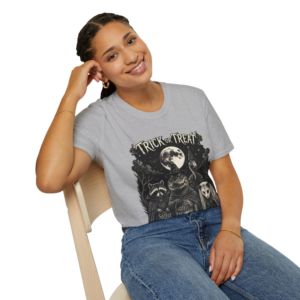 Halloween 'Trick or Treat' T-Shirt — Spooky Moon & Creatures Graphic