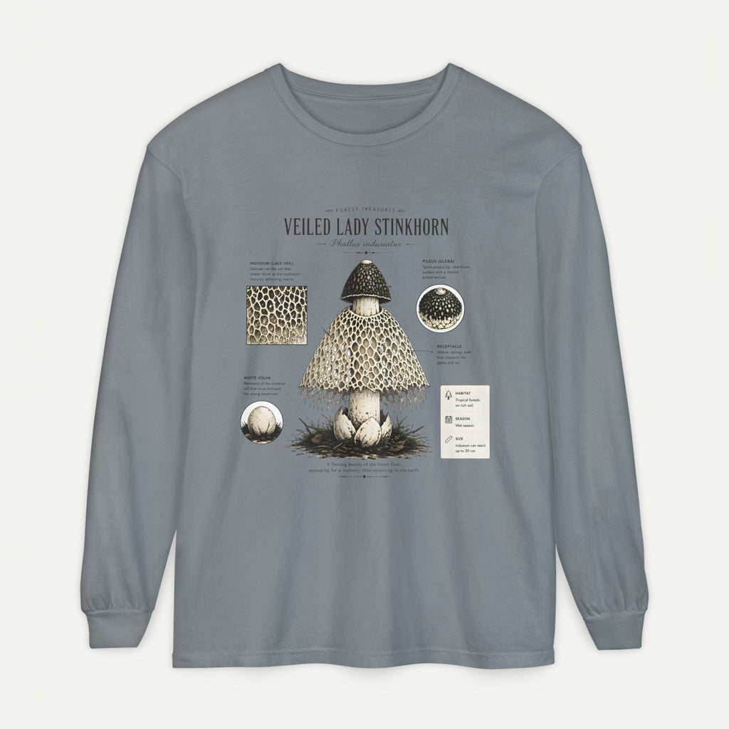 Veiled Lady Stinkhorn Mushroom Long Sleeve Tee — Botanical Fungi Illustration