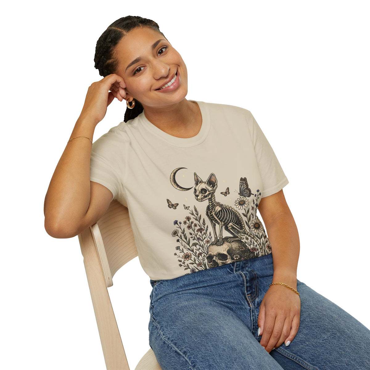Skeleton Cat Moon T-Shirt — Gothic Floral Skull Tee