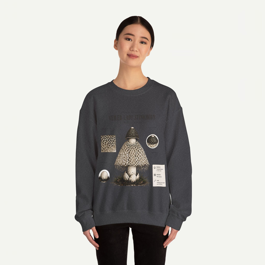 Veiled Lady Stinkhorn Mushroom Crewneck Sweatshirt — Botanical Mycology Graphic