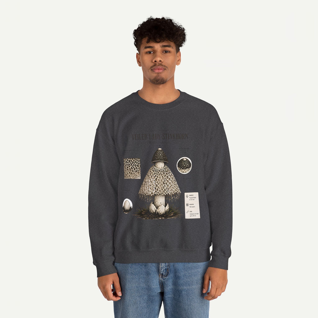 Veiled Lady Stinkhorn Mushroom Crewneck Sweatshirt — Botanical Mycology Graphic