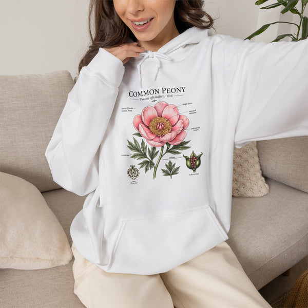 Peony Botanical Hoodie — "Common Peony" Vintage Floral Diagram Sweatshirt