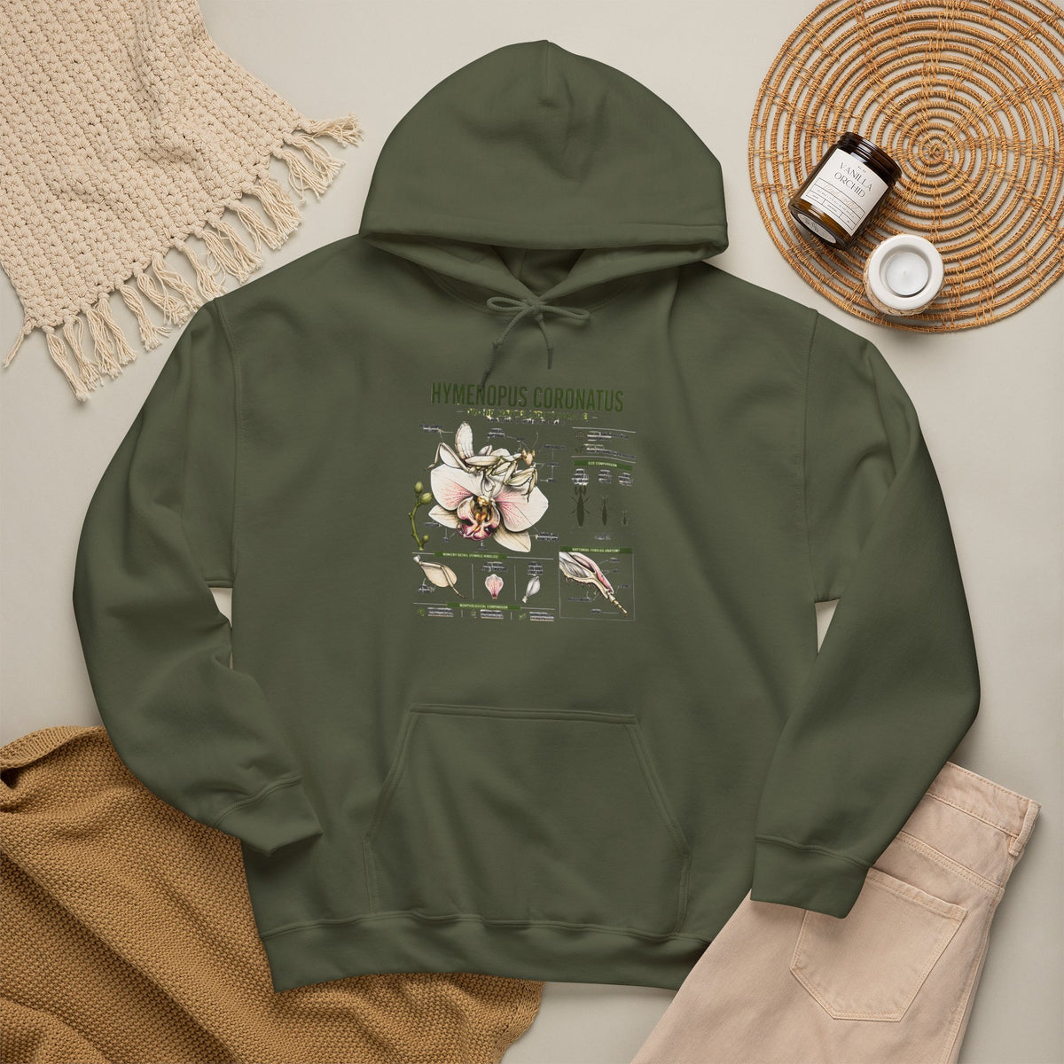Botanical Hooded Sweatshirt — Hymenopus Coronatus Praying Mantis Illustration