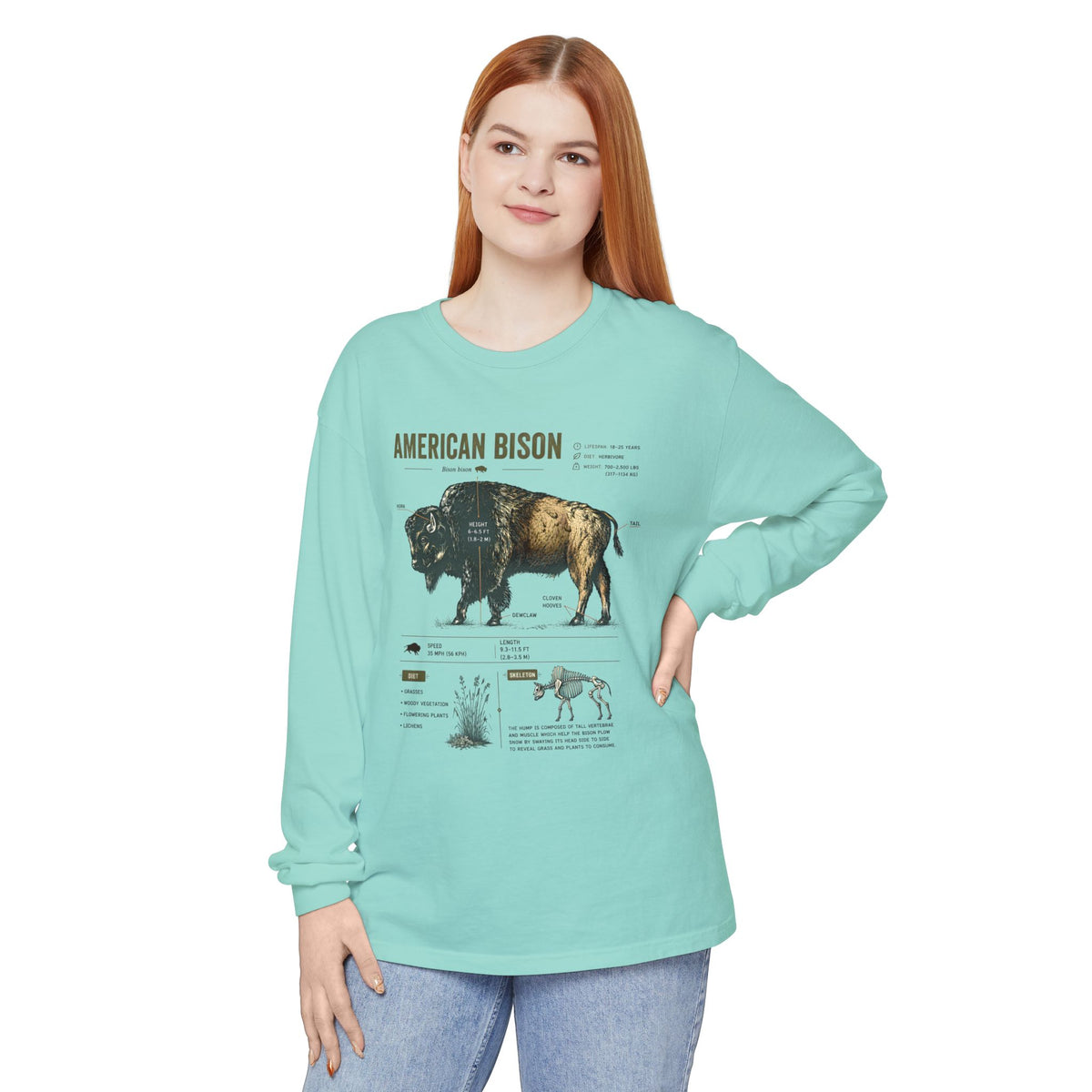 American Bison Anatomy Long Sleeve Tee — Vintage Wildlife Diagram Shirt