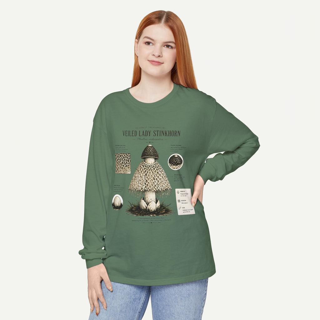 Veiled Lady Stinkhorn Mushroom Long Sleeve Tee — Botanical Fungi Illustration