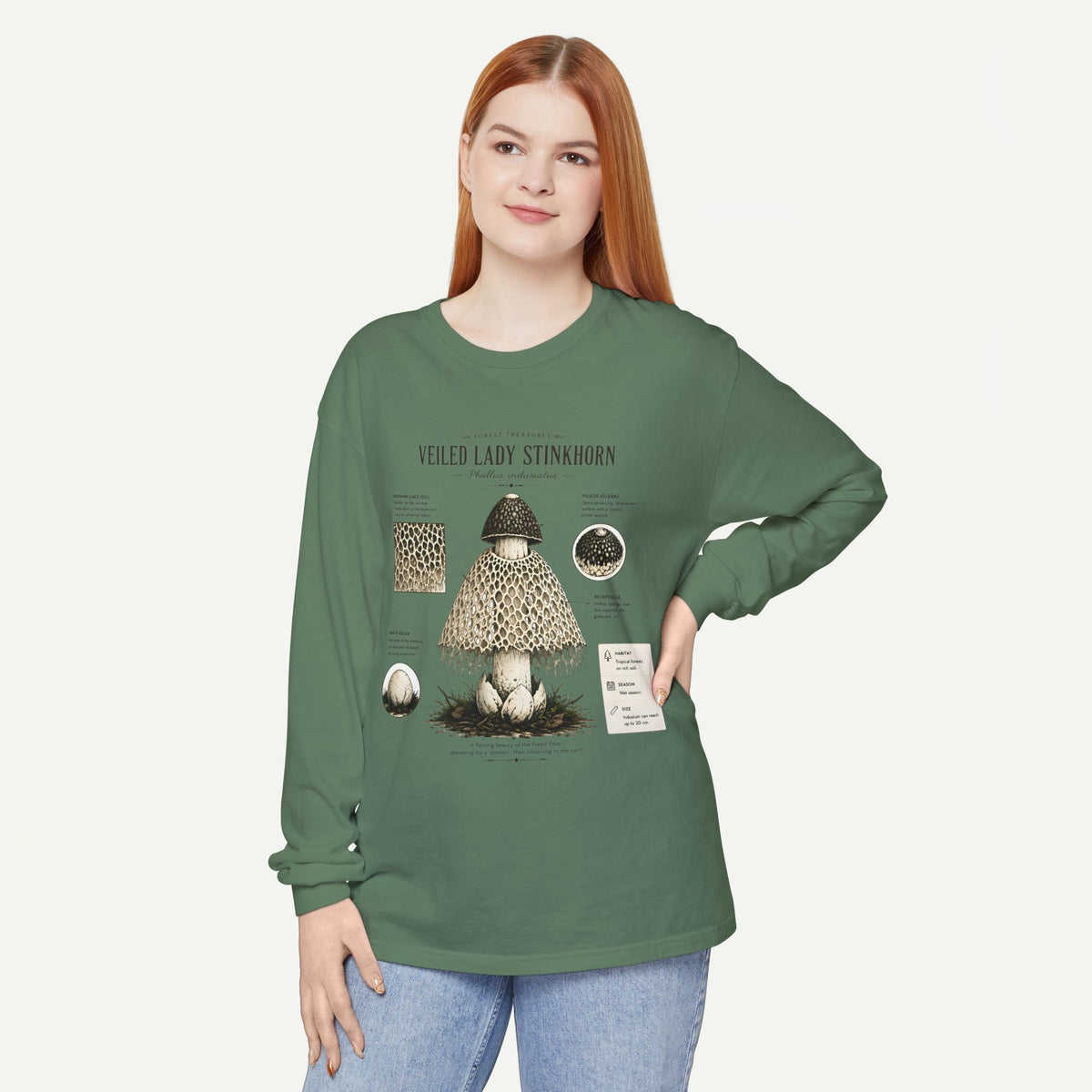 Veiled Lady Stinkhorn Mushroom Long Sleeve Tee — Botanical Fungi Illustration