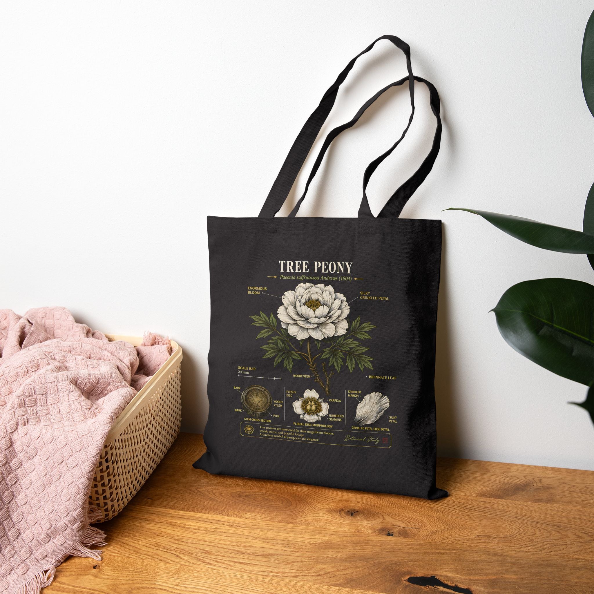 Tree Peony Botanical Tote Bag — Vintage Floral Cotton Canvas Market Bag Secondary image