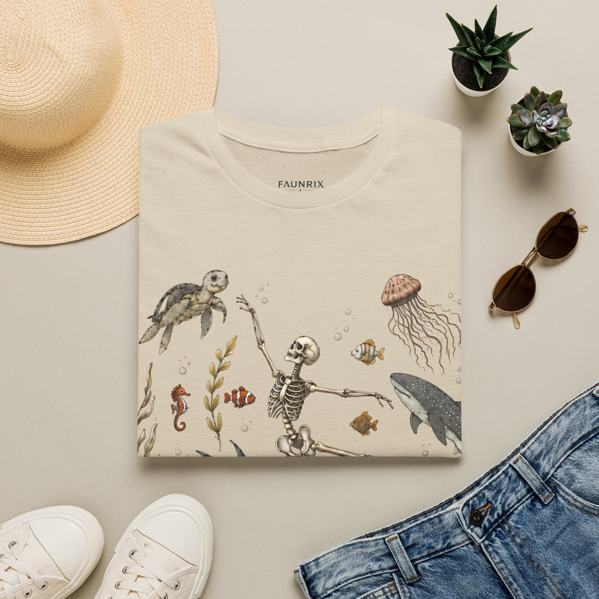 Skeleton & Sea Creatures T-Shirt — Whimsical Underwater Ocean Art Tee