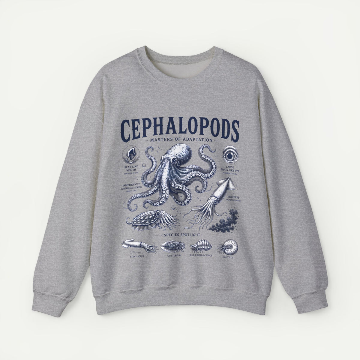 Cephalopods Crewneck Sweatshirt — Vintage Marine Biology Octopus Illustration