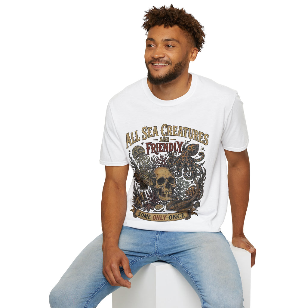 Ocean Creature Graphic T-Shirt — "All Sea Creatures Are Friendly (Some Only Once)" Vintage Skull Octopus Tee