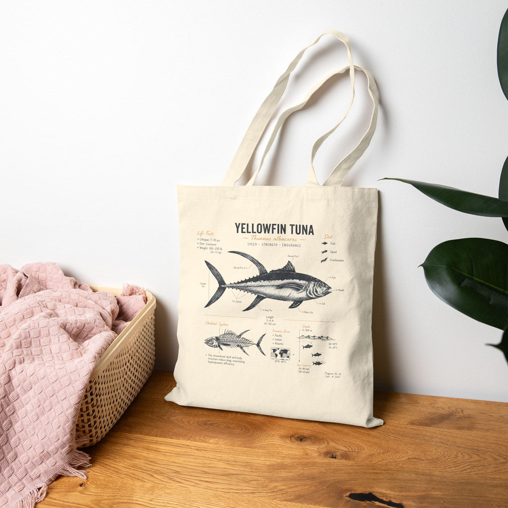 Yellowfin Tuna Anatomy Tote Bag – Vintage Fish Illustration Grocery & Beach Bag