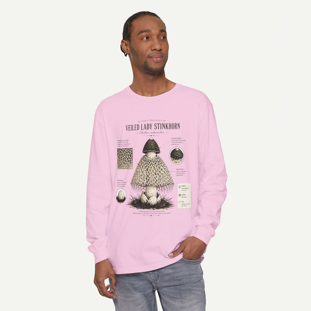 Veiled Lady Stinkhorn Mushroom Long Sleeve Tee — Botanical Fungi Illustration