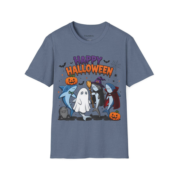 Happy Halloween T-Shirt — Cute Shark, Ghost & Pumpkin Holiday Tee