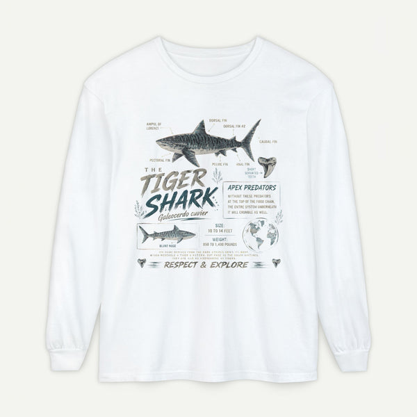 Tiger Shark Graphic Long Sleeve Tee — 'Tiger Shark' Educational Ocean Shirt