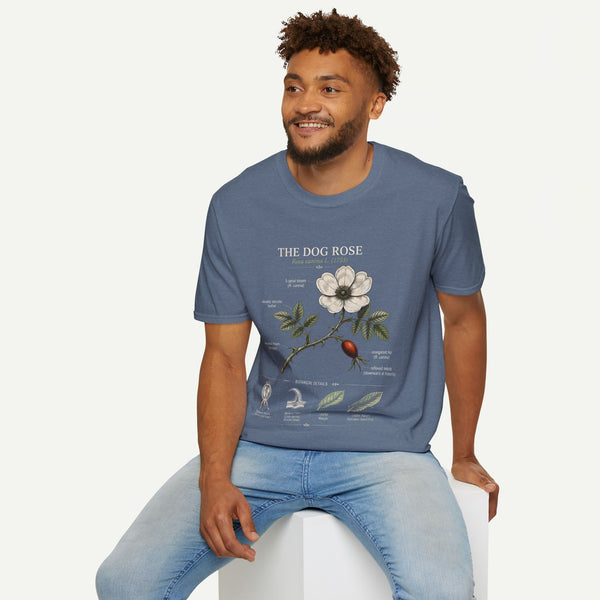Dog Rose Floral T-Shirt — Botanical Illustration Tee with 'The Dog Rose' Label