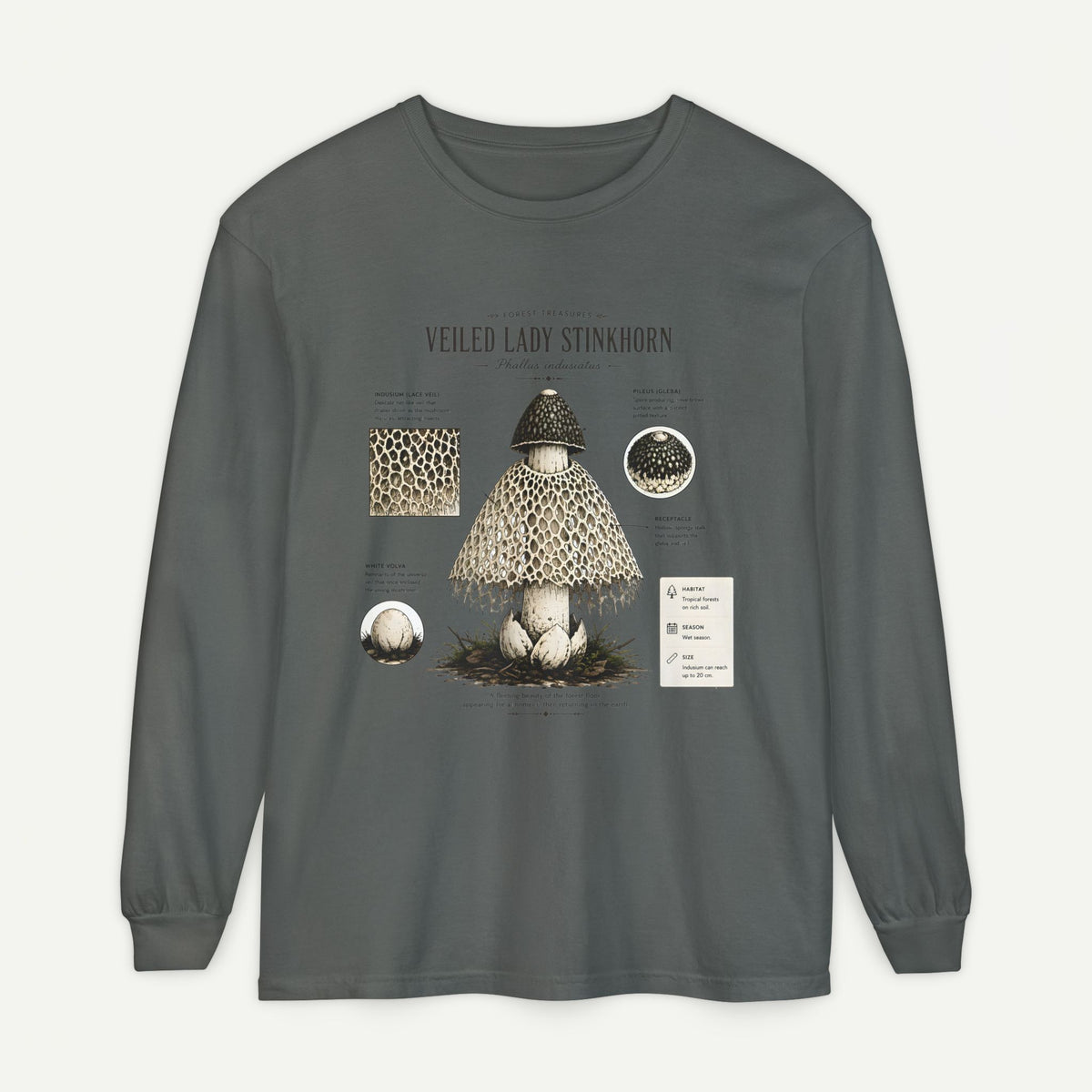 Veiled Lady Stinkhorn Mushroom Long Sleeve Tee — Botanical Fungi Illustration