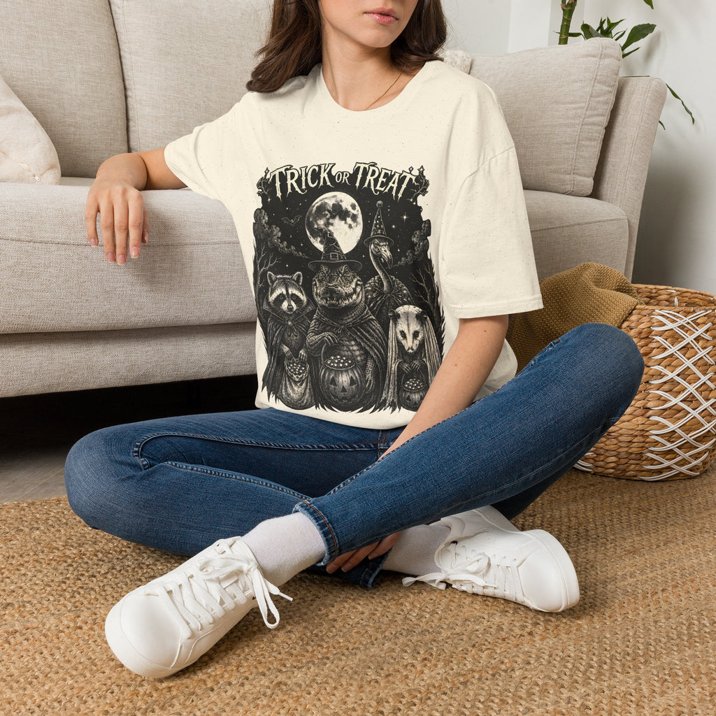 Trick or Treat Halloween T-Shirt — Vintage Moonlit Witch & Spooky Animals Tee