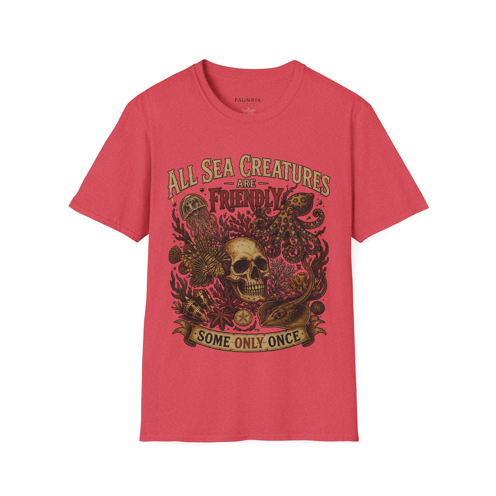 Ocean Creature Graphic T-Shirt — "All Sea Creatures Are Friendly (Some Only Once)" Vintage Skull Octopus Tee