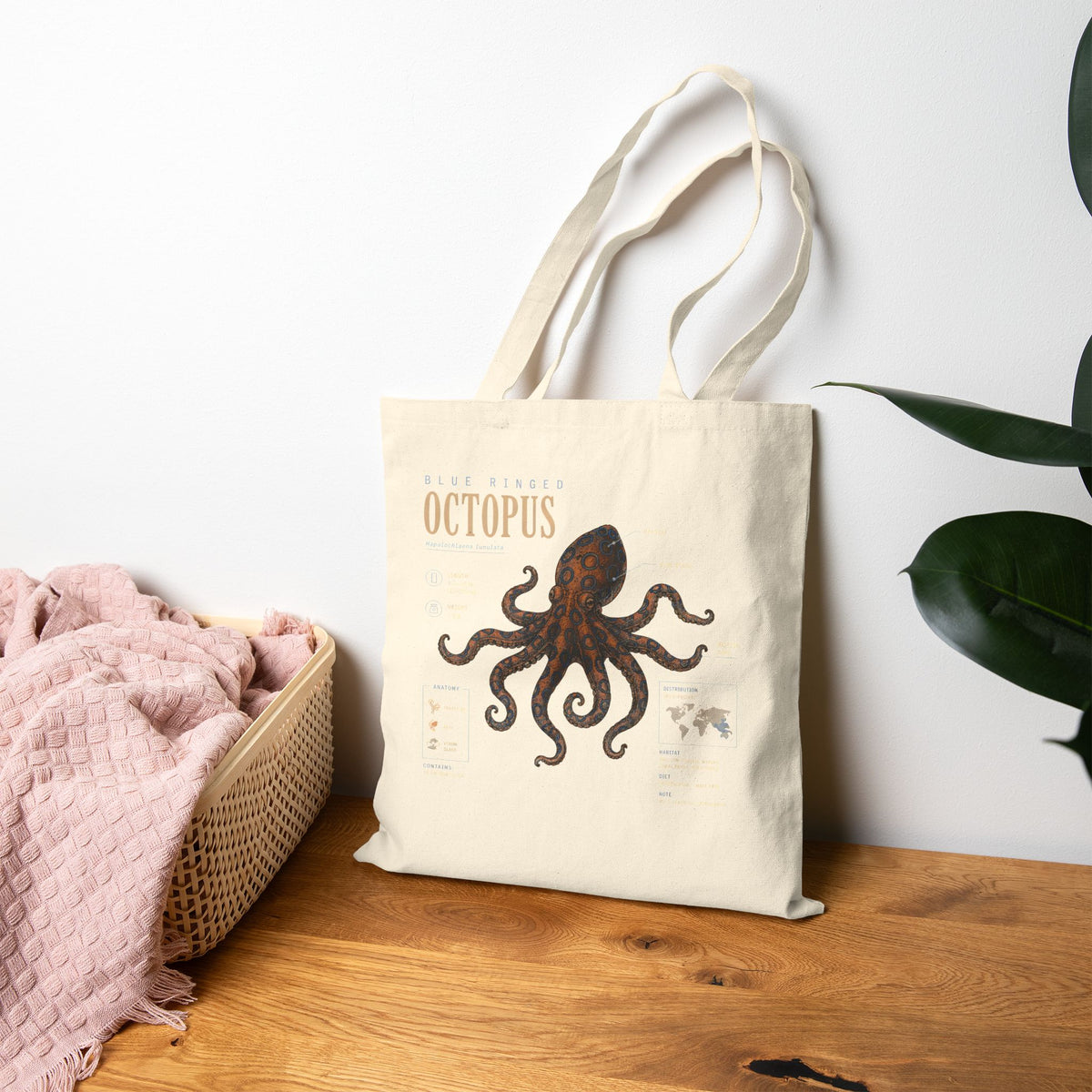 Octopus Canvas Tote Bag — Vintage Sea Creature Illustration Eco Grocery Bag
