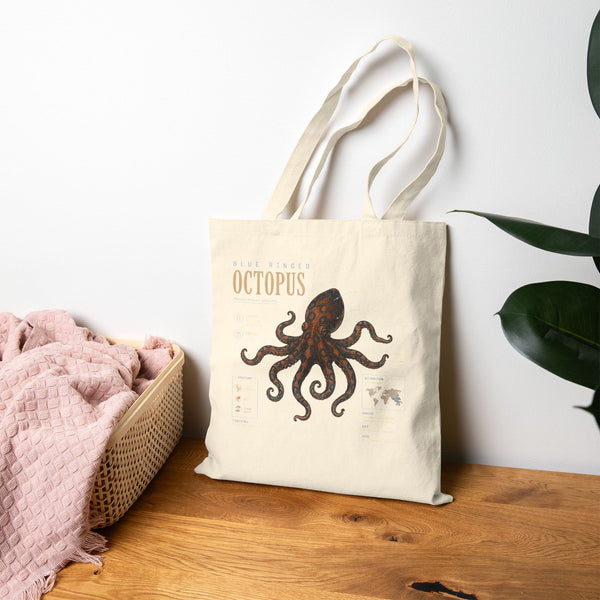 Octopus Canvas Tote Bag — Vintage Sea Creature Illustration Eco Grocery Bag