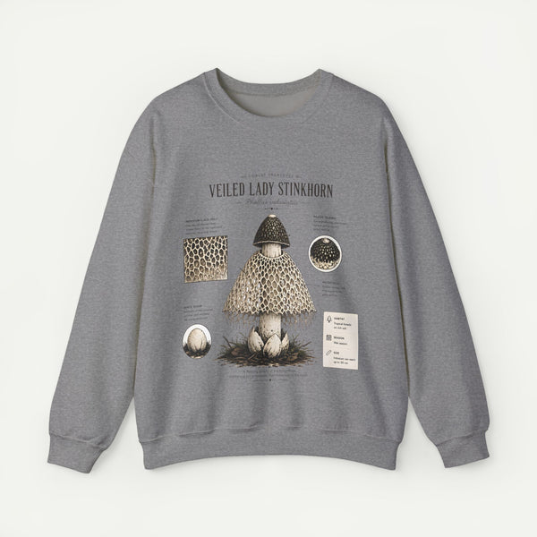 Veiled Lady Stinkhorn Mushroom Crewneck Sweatshirt — Botanical Mycology Graphic