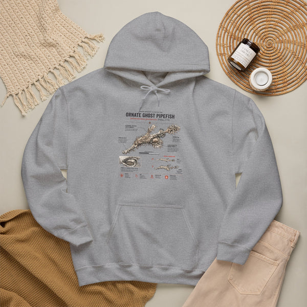 Ornate Ghost Pipefish Anatomy Hoodie — Scientific Diagram Pullover
