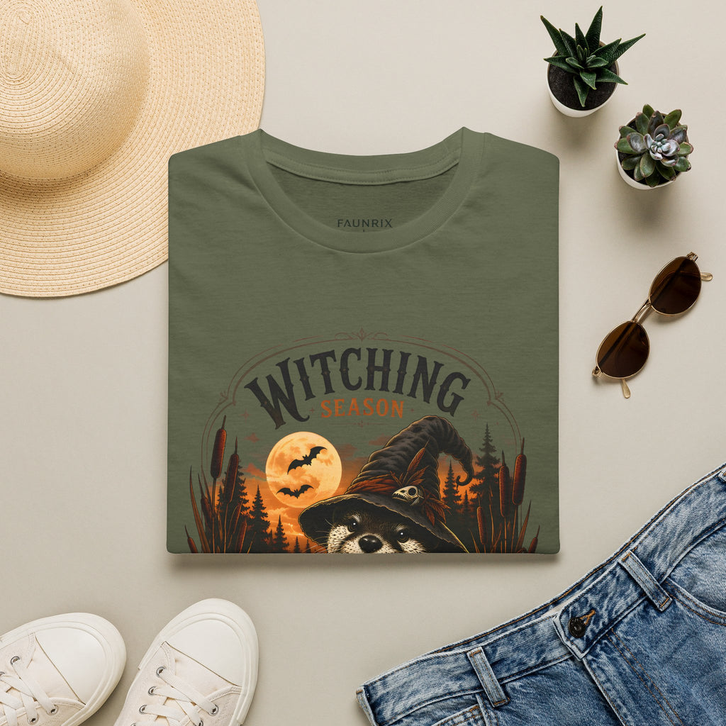 Witching Season T-Shirt — Halloween Witch Raccoon Graphic Tee