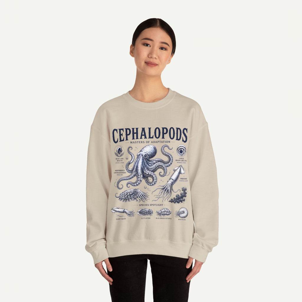Cephalopods Crewneck Sweatshirt — Vintage Marine Biology Octopus Illustration