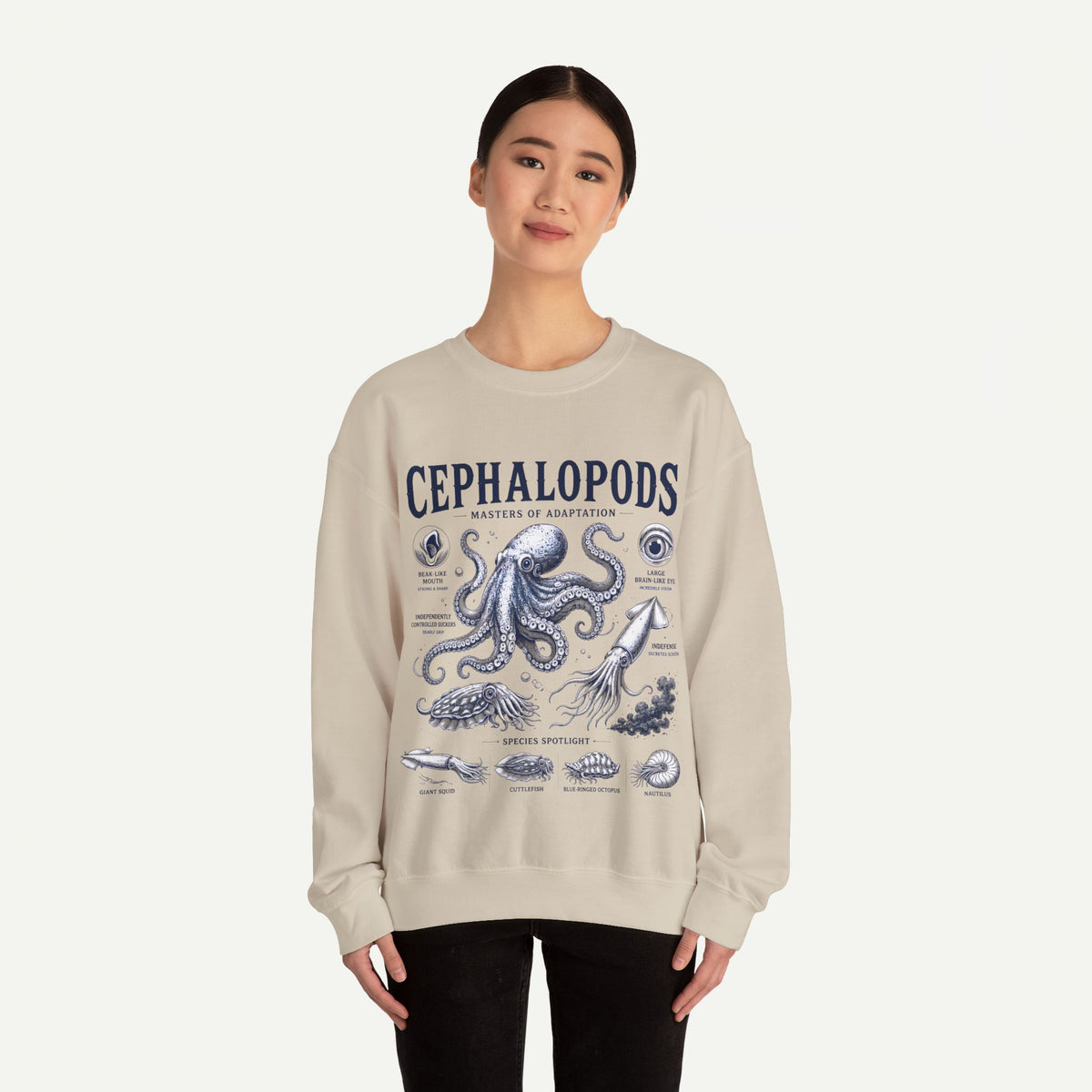 Cephalopods Crewneck Sweatshirt — Vintage Marine Biology Octopus Illustration