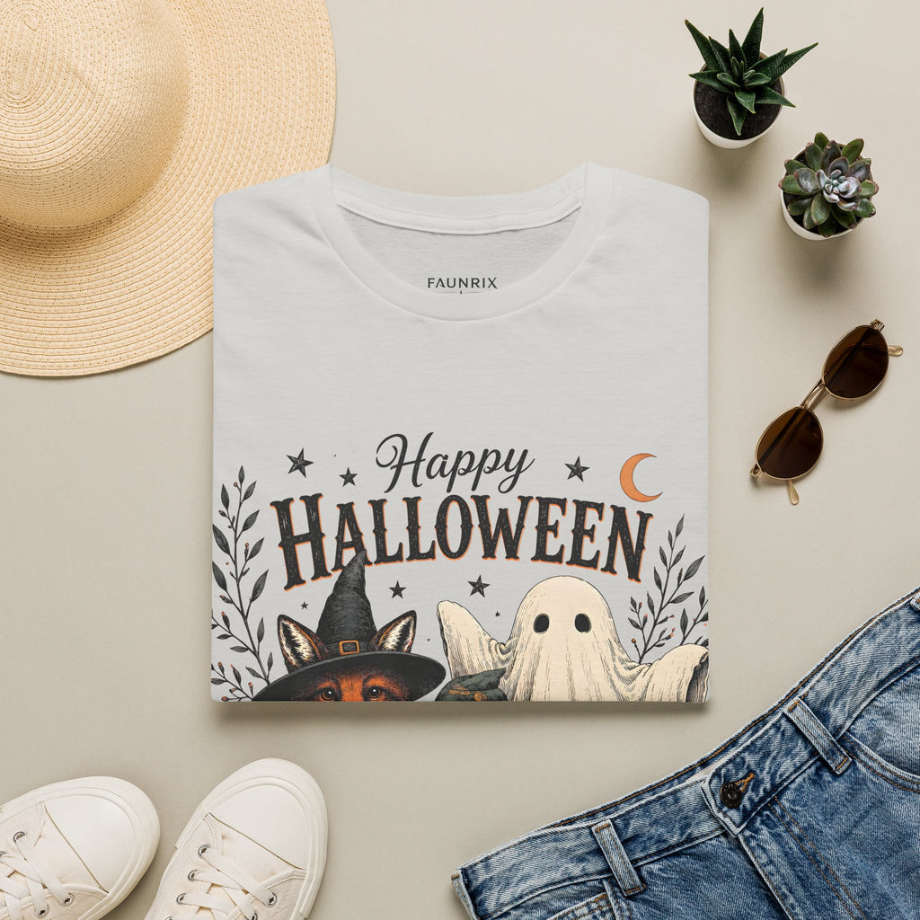 Happy Halloween T-Shirt — Cute Witch Cat & Ghost Pumpkin Graphic Tee