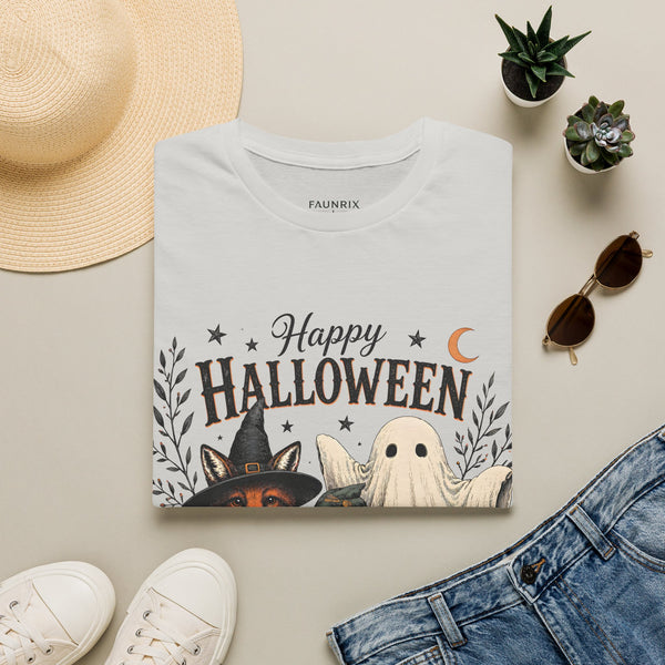 Happy Halloween T-Shirt — Cute Witch Cat & Ghost Pumpkin Graphic Tee