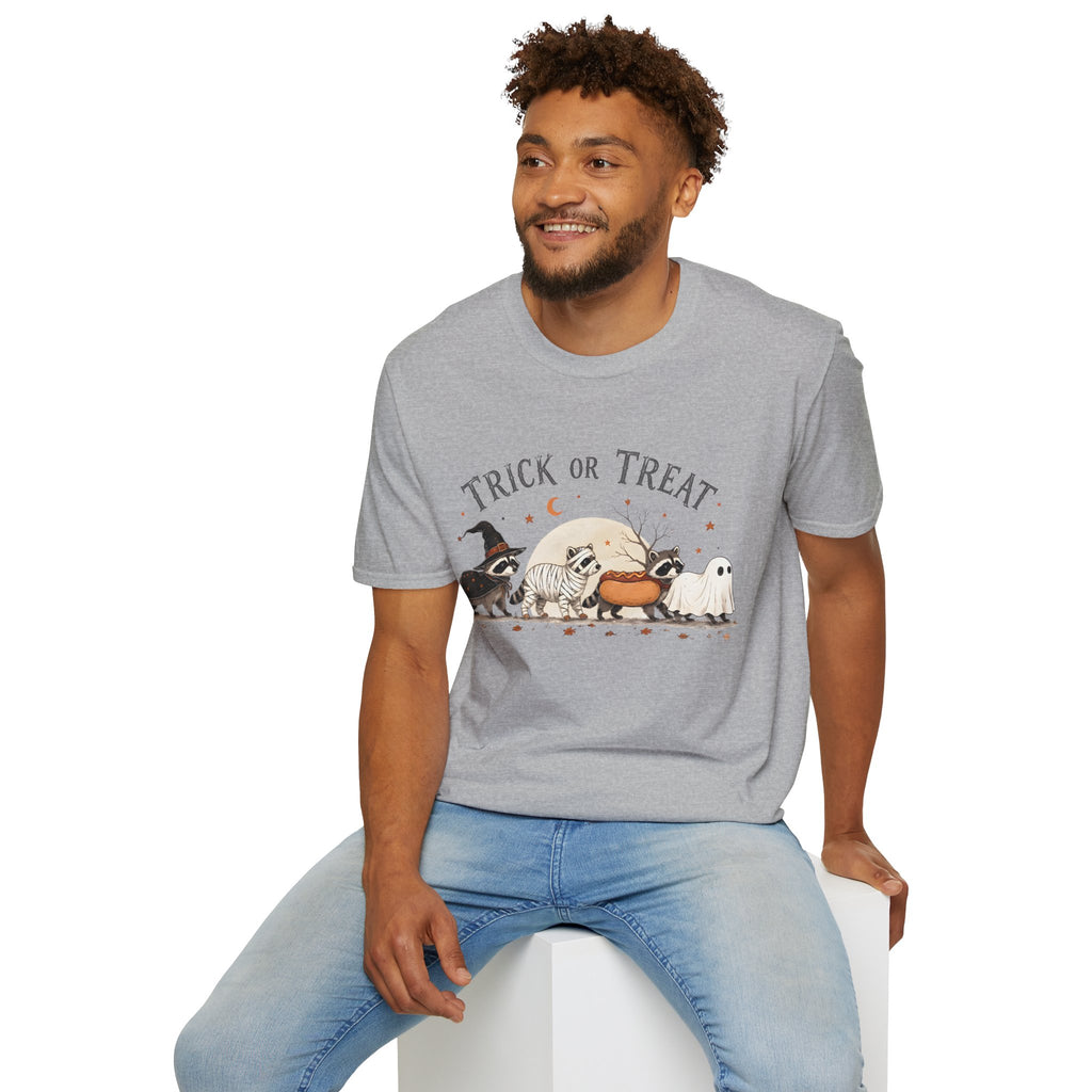 Trick or Treat Halloween T-Shirt — Cute Costume Raccoon, Mummy & Ghost Graphic