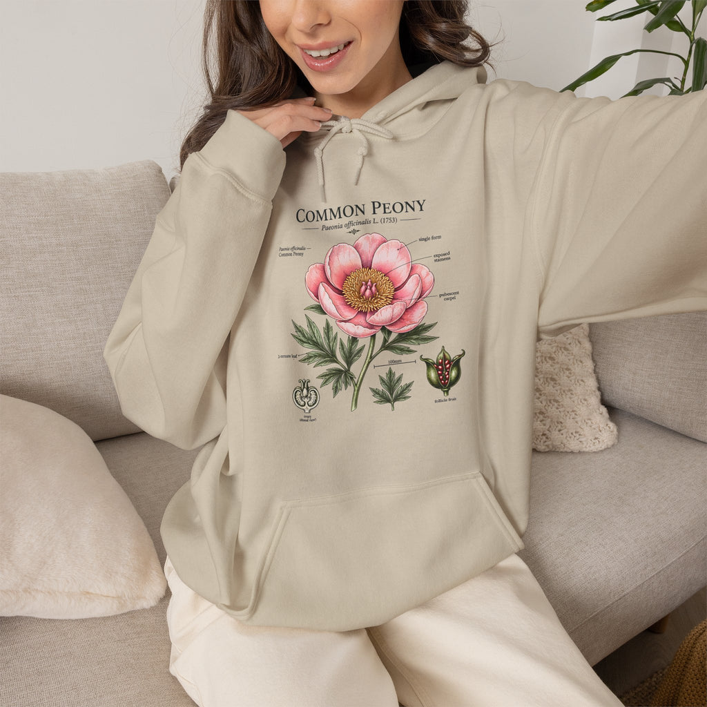 Peony Botanical Hoodie — "Common Peony" Vintage Floral Diagram Sweatshirt
