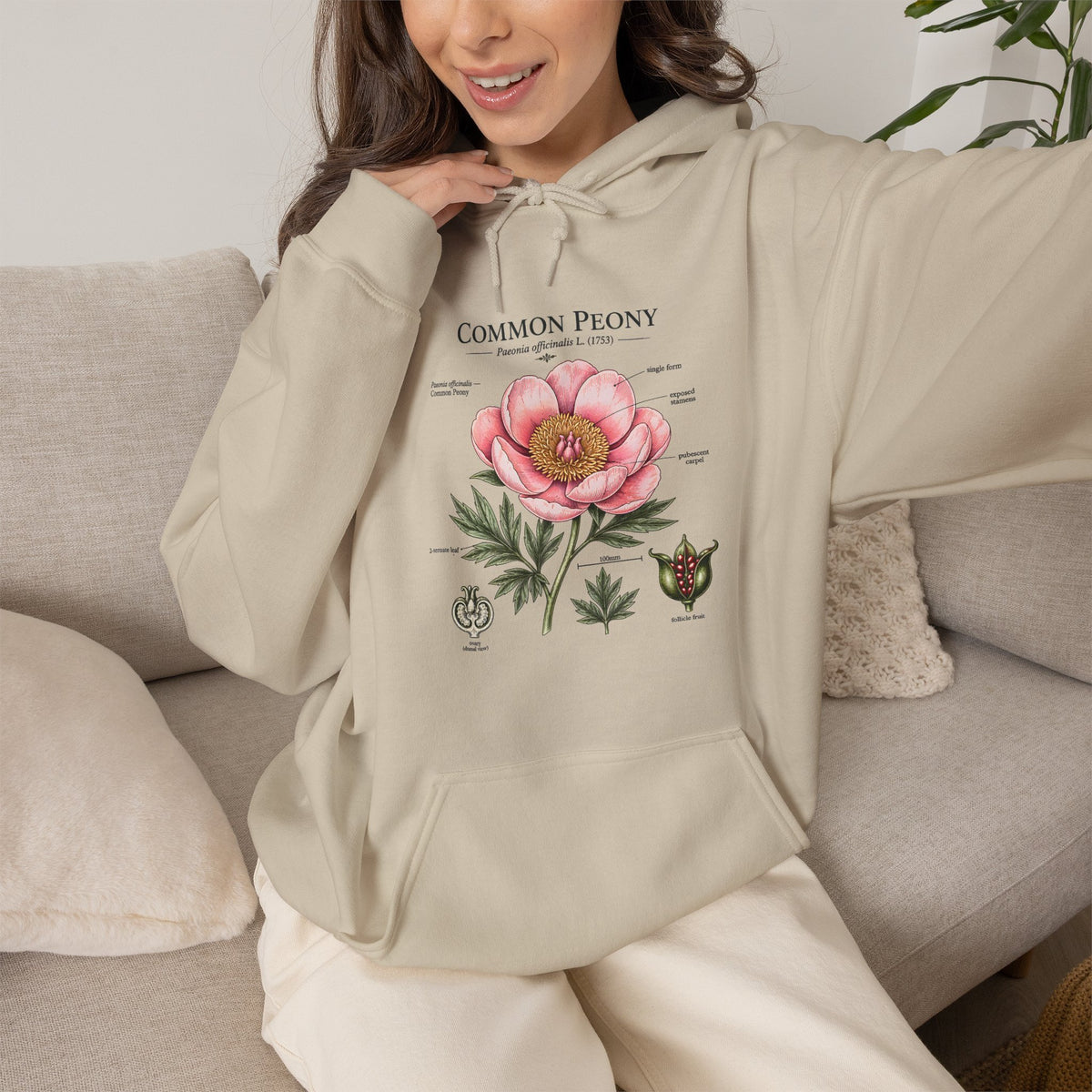 Peony Botanical Hoodie — "Common Peony" Vintage Floral Diagram Sweatshirt