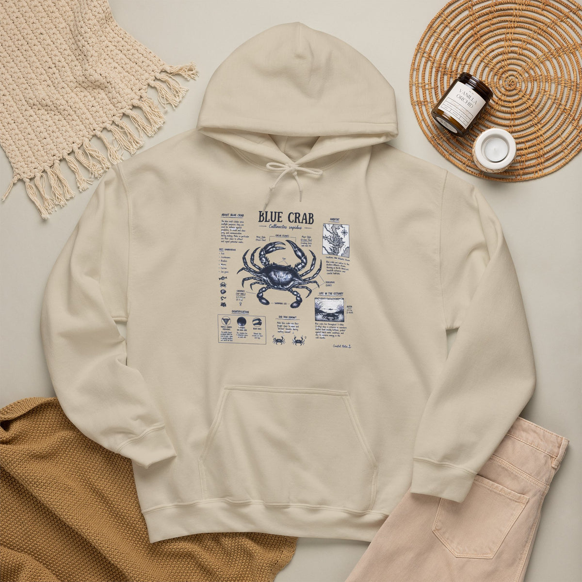 Blue Crab Anatomy Hoodie — Nautical Seafood Diagram Sweatshirt