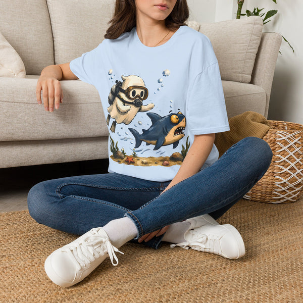 Dive Buddy T‑Shirt — Cute Scuba Pug Chasing Shark Illustration