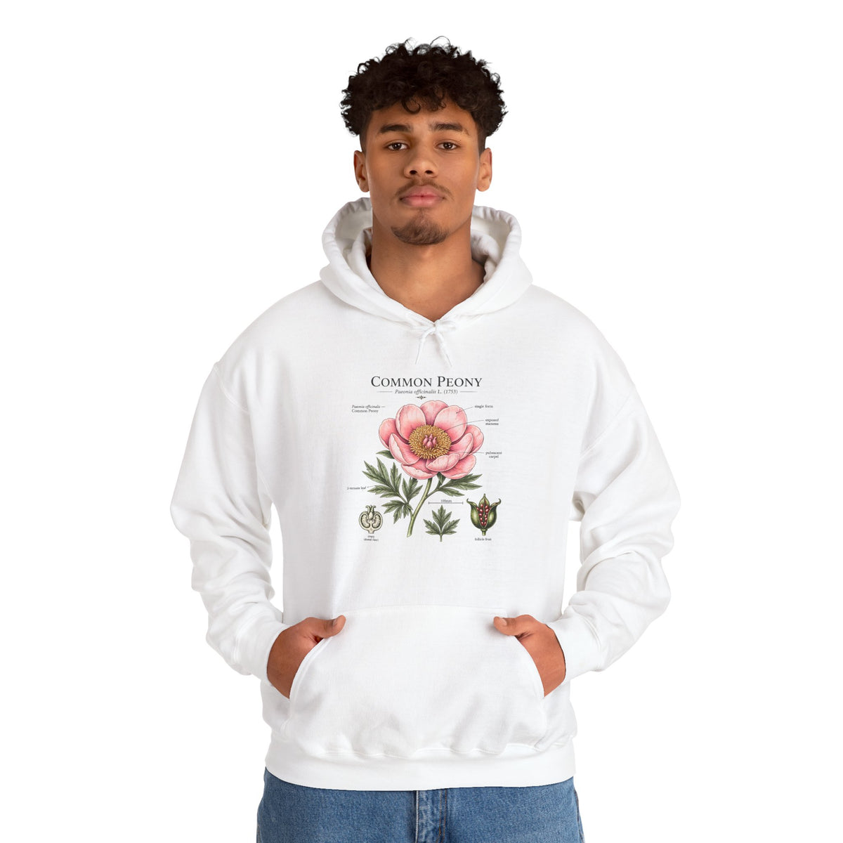 Peony Botanical Hoodie — "Common Peony" Vintage Floral Diagram Sweatshirt