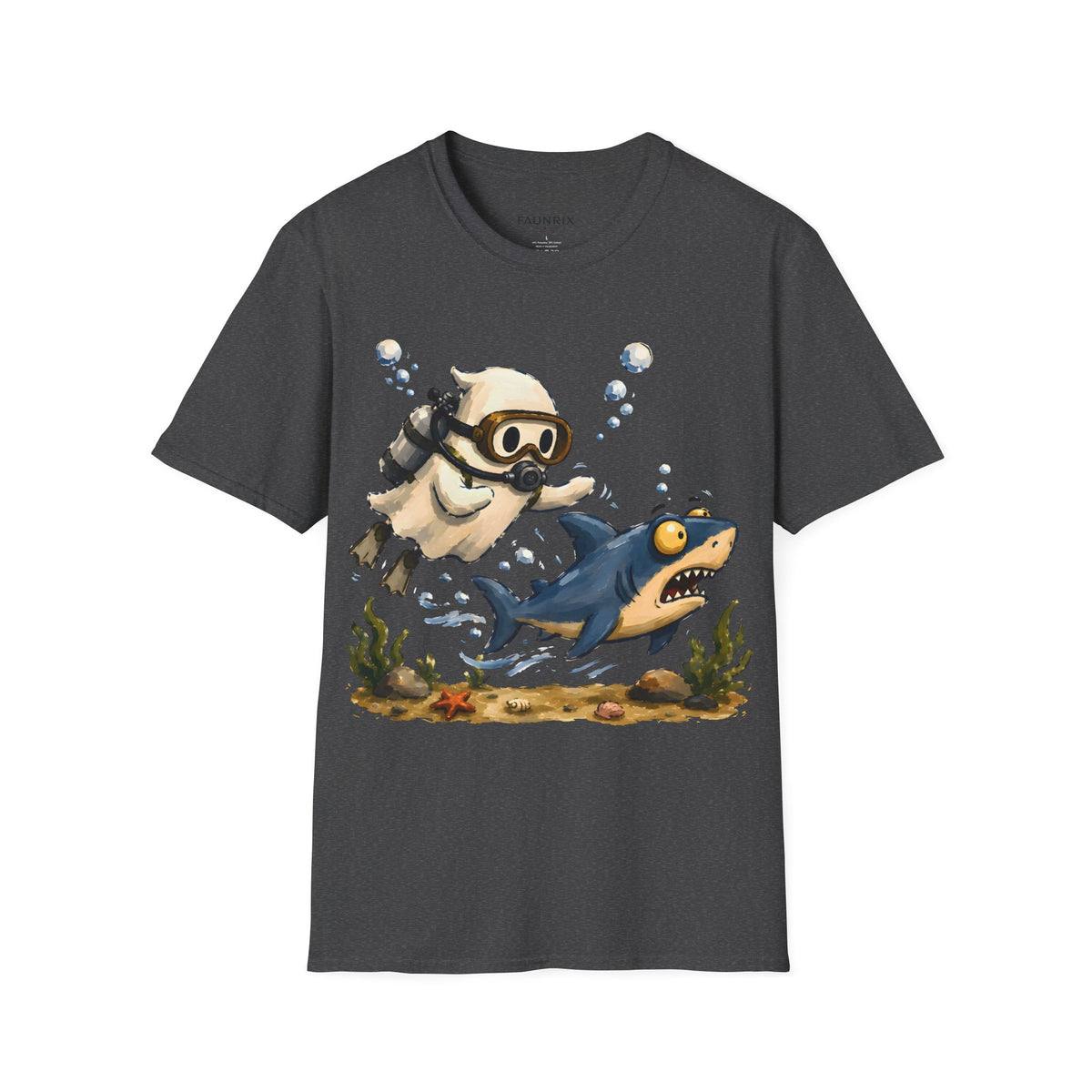 Dive Buddy T‑Shirt — Cute Scuba Pug Chasing Shark Illustration