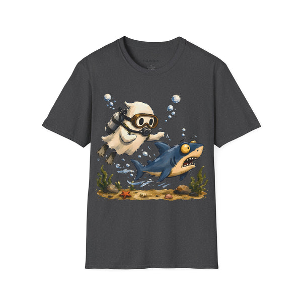 Dive Buddy T‑Shirt — Cute Scuba Pug Chasing Shark Illustration