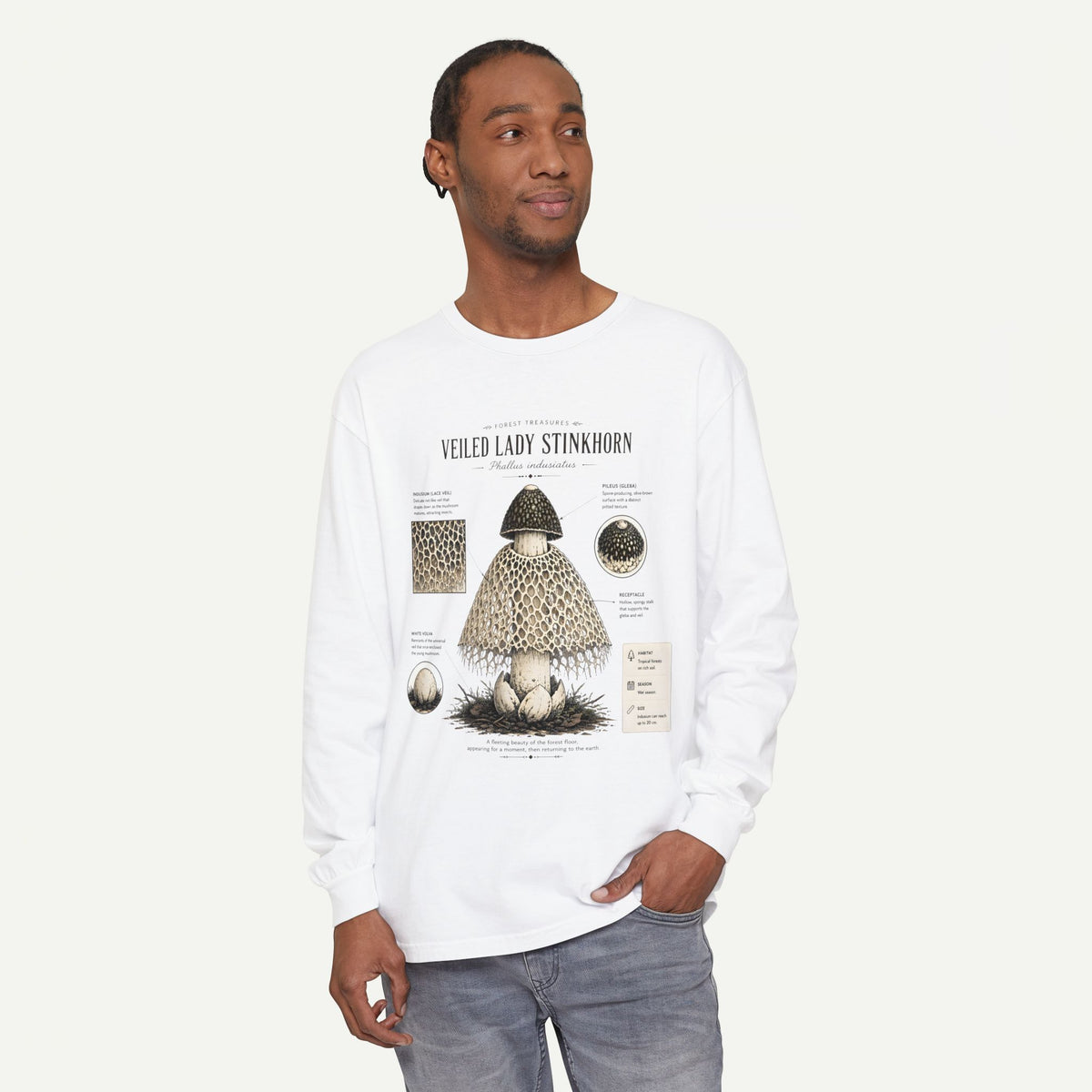 Veiled Lady Stinkhorn Mushroom Long Sleeve Tee — Botanical Fungi Illustration