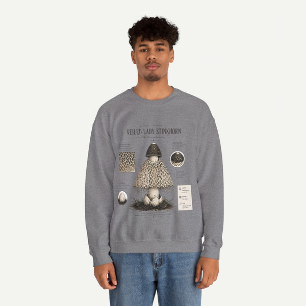 Veiled Lady Stinkhorn Mushroom Crewneck Sweatshirt — Botanical Mycology Graphic