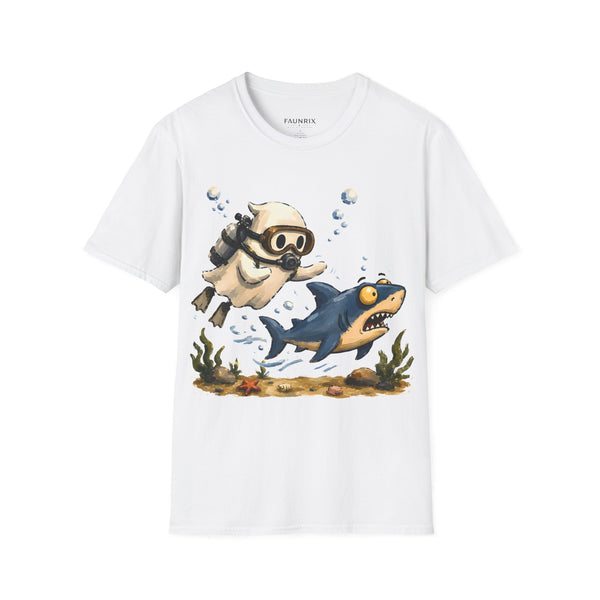 Dive Buddy T‑Shirt — Cute Scuba Pug Chasing Shark Illustration