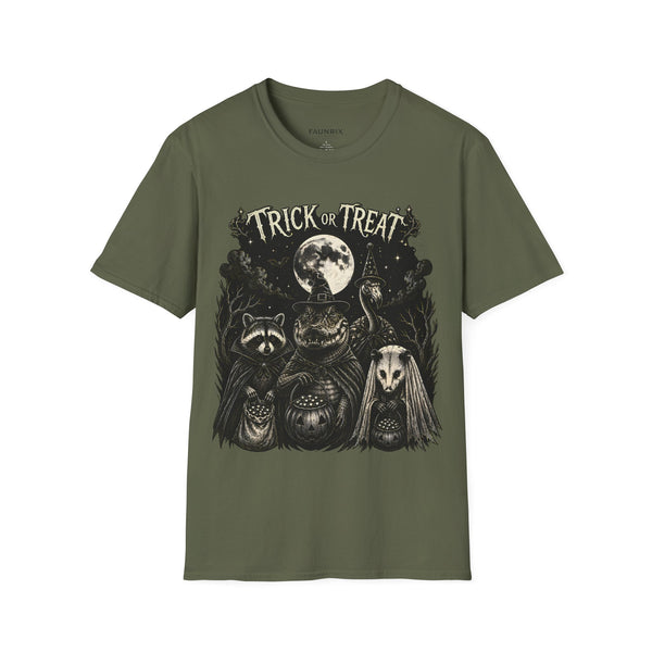 Trick or Treat Halloween T-Shirt — Vintage Moonlit Witch & Spooky Animals Tee