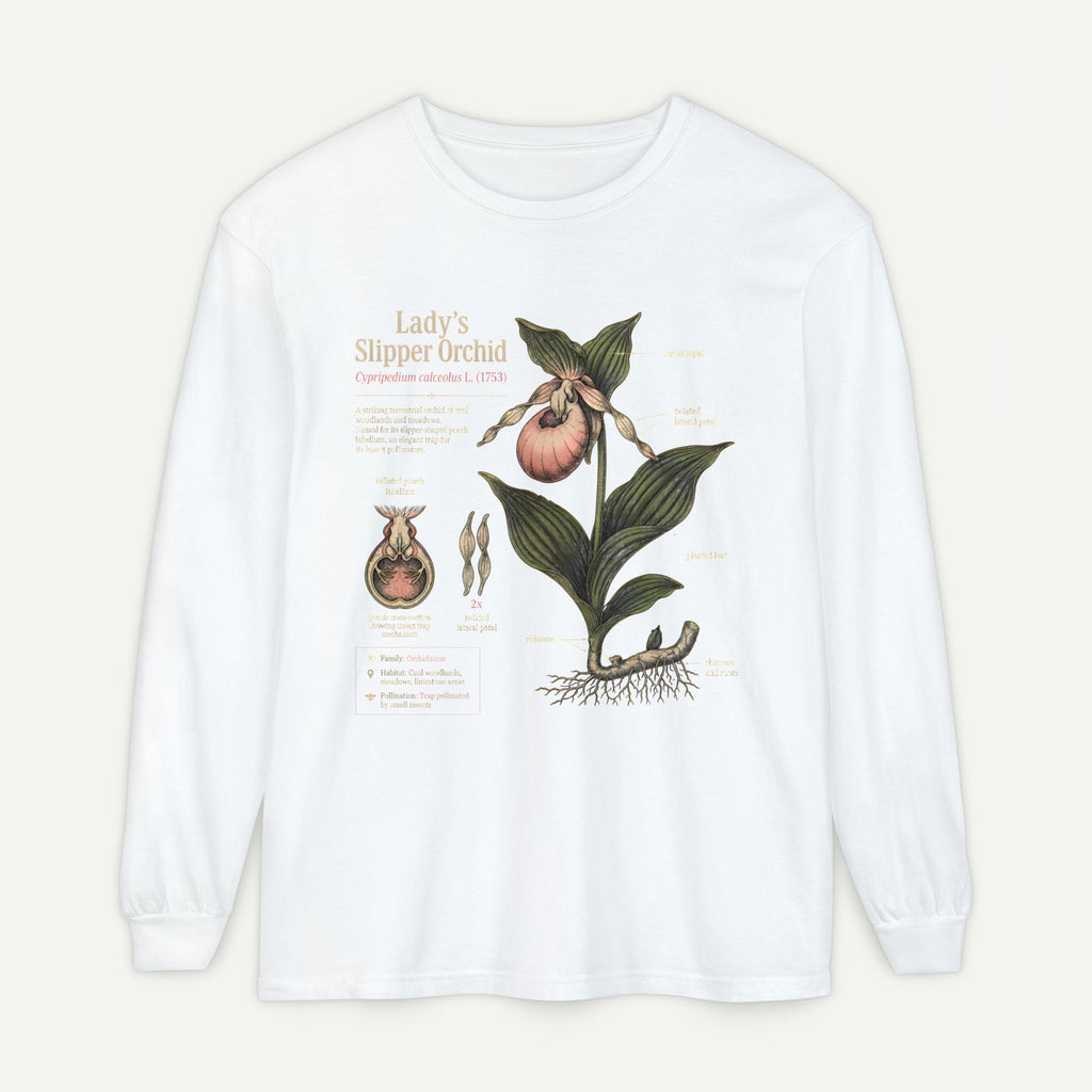 Lady's Slipper Botanical Long Sleeve Tee — Vintage Orchid Illustration