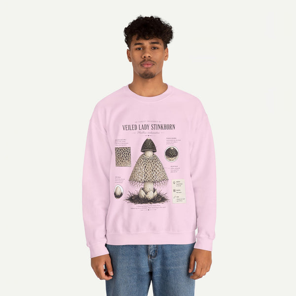Veiled Lady Stinkhorn Mushroom Crewneck Sweatshirt — Botanical Mycology Graphic