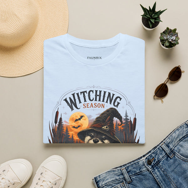 Witching Season T-Shirt — Halloween Witch Raccoon Graphic Tee
