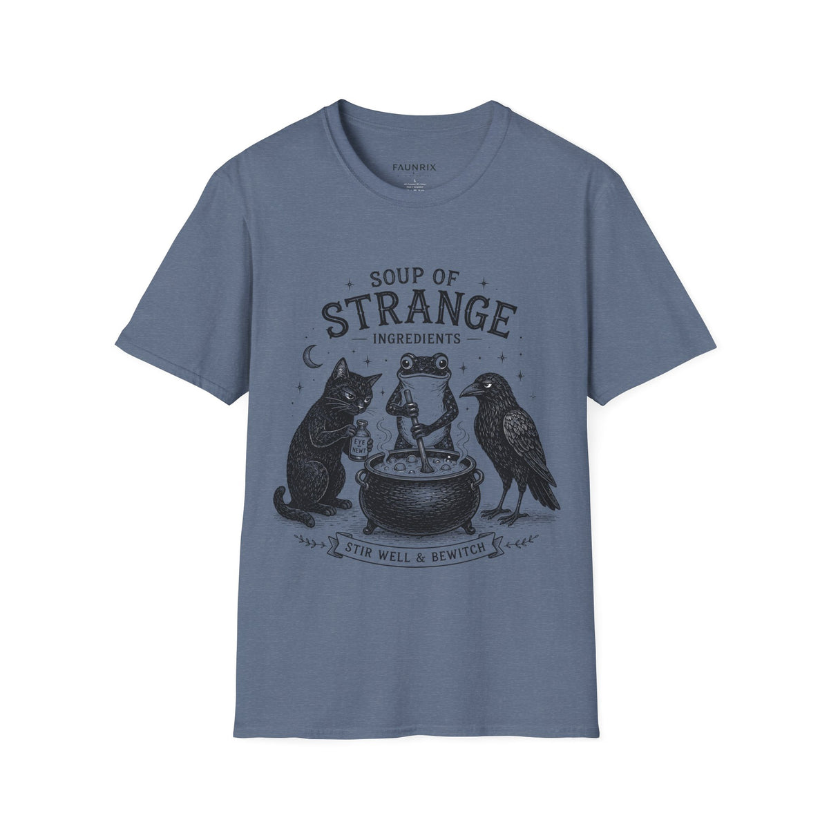T-Shirt — "Soup of Strange Ingredients" Witchy Frog, Cat & Crow Illustration