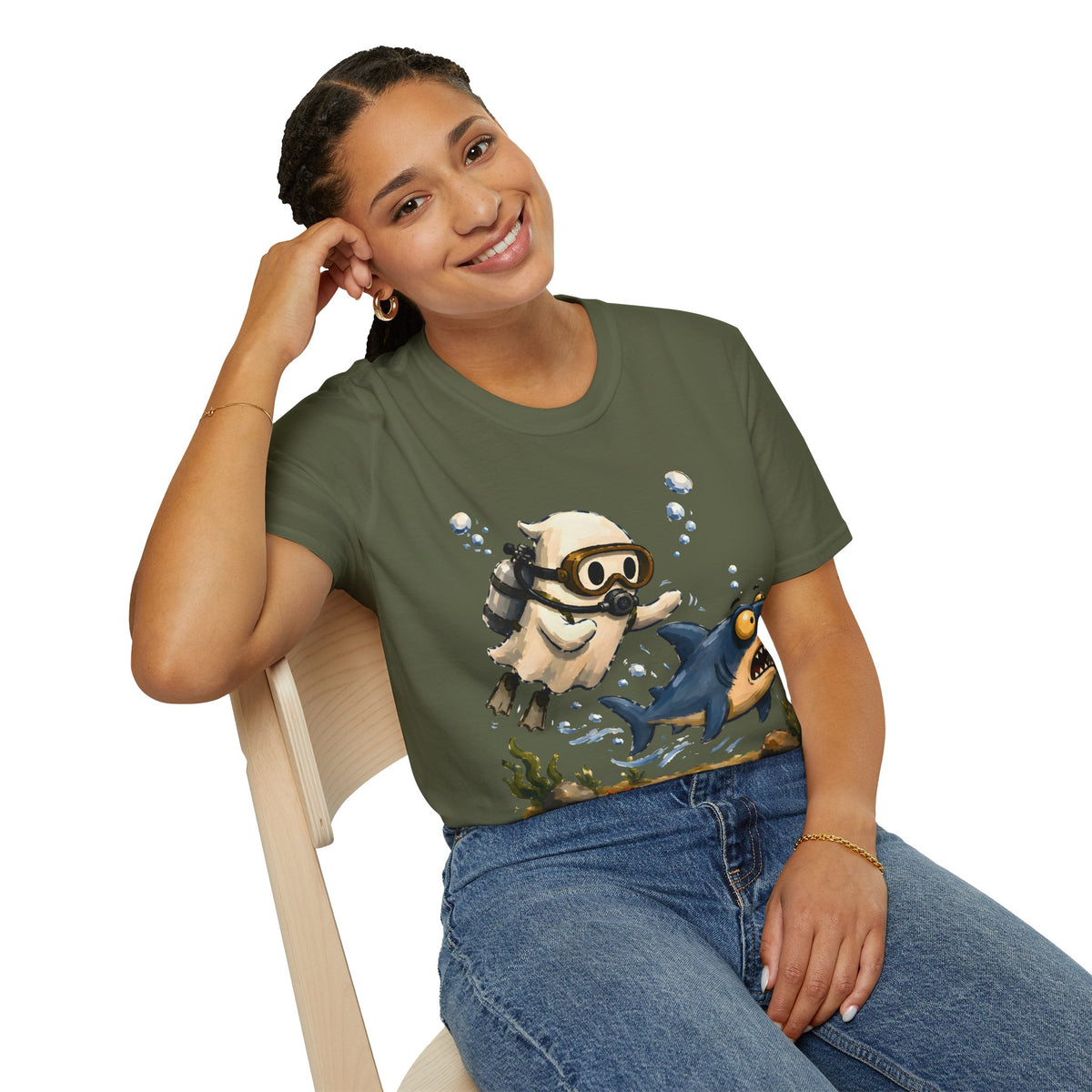 Dive Buddy T‑Shirt — Cute Scuba Pug Chasing Shark Illustration