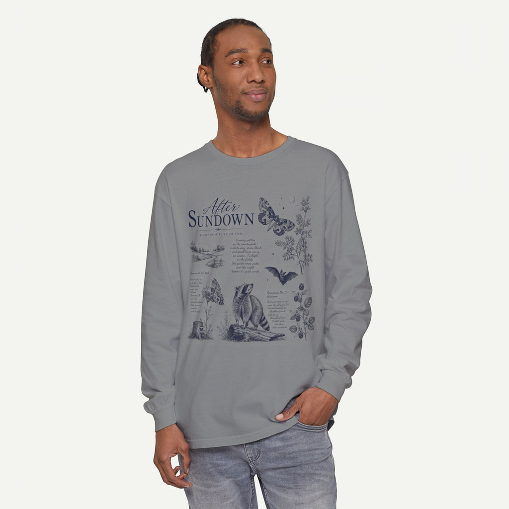 After Sundown Long Sleeve Tee — Vintage Moonlit Nature Graphic