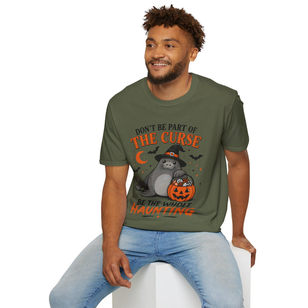 Don’t Be Part of The Curse Halloween T-Shirt — Cute Witch Cat "Be the Whole Haunting" Tee